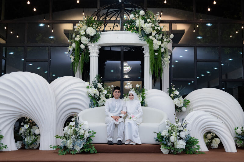 Warmly lit wedding reception space